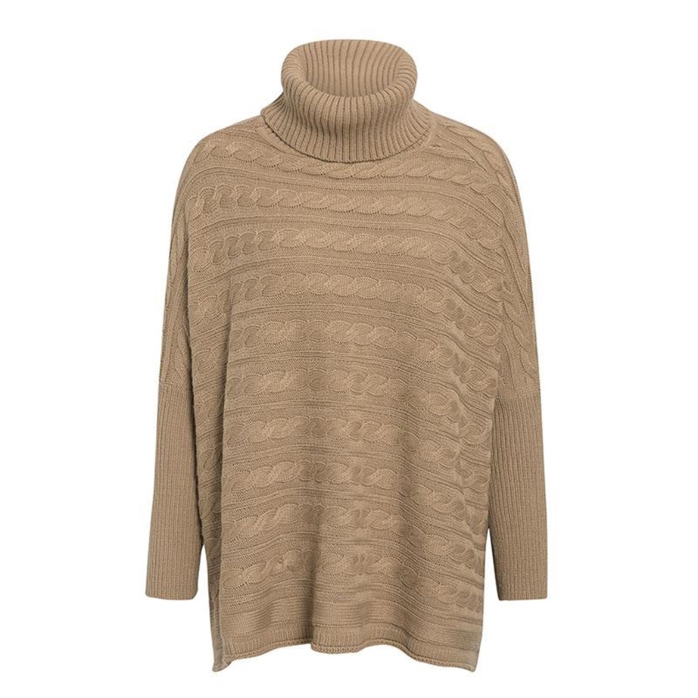Khaki Cable Knit Turtleneck Poncho - Picture 6 of 8